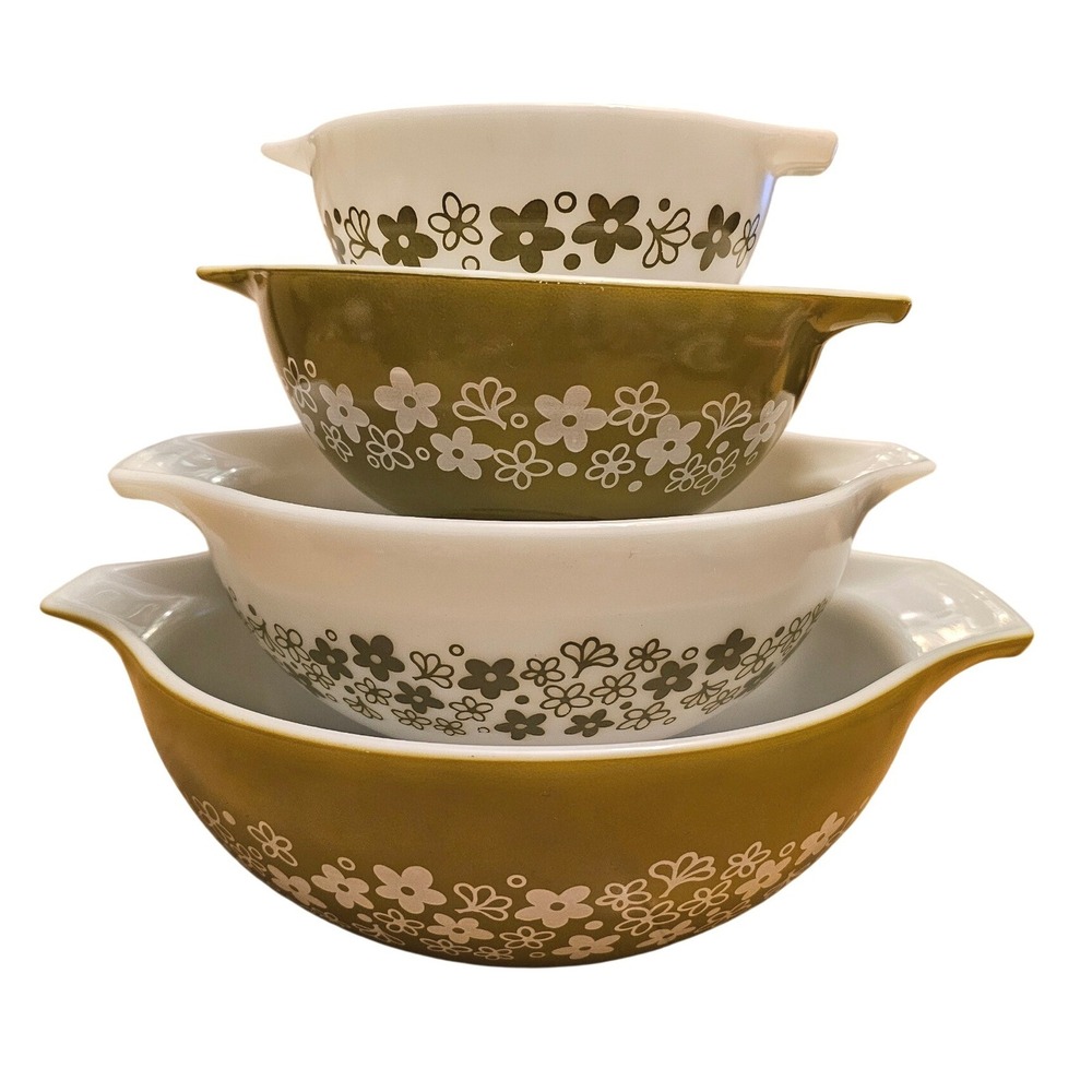 Vintage Pyrex Spring Blossom Green Cinderella Mixing Bowl Set‎ of 4 Crazy Daisy